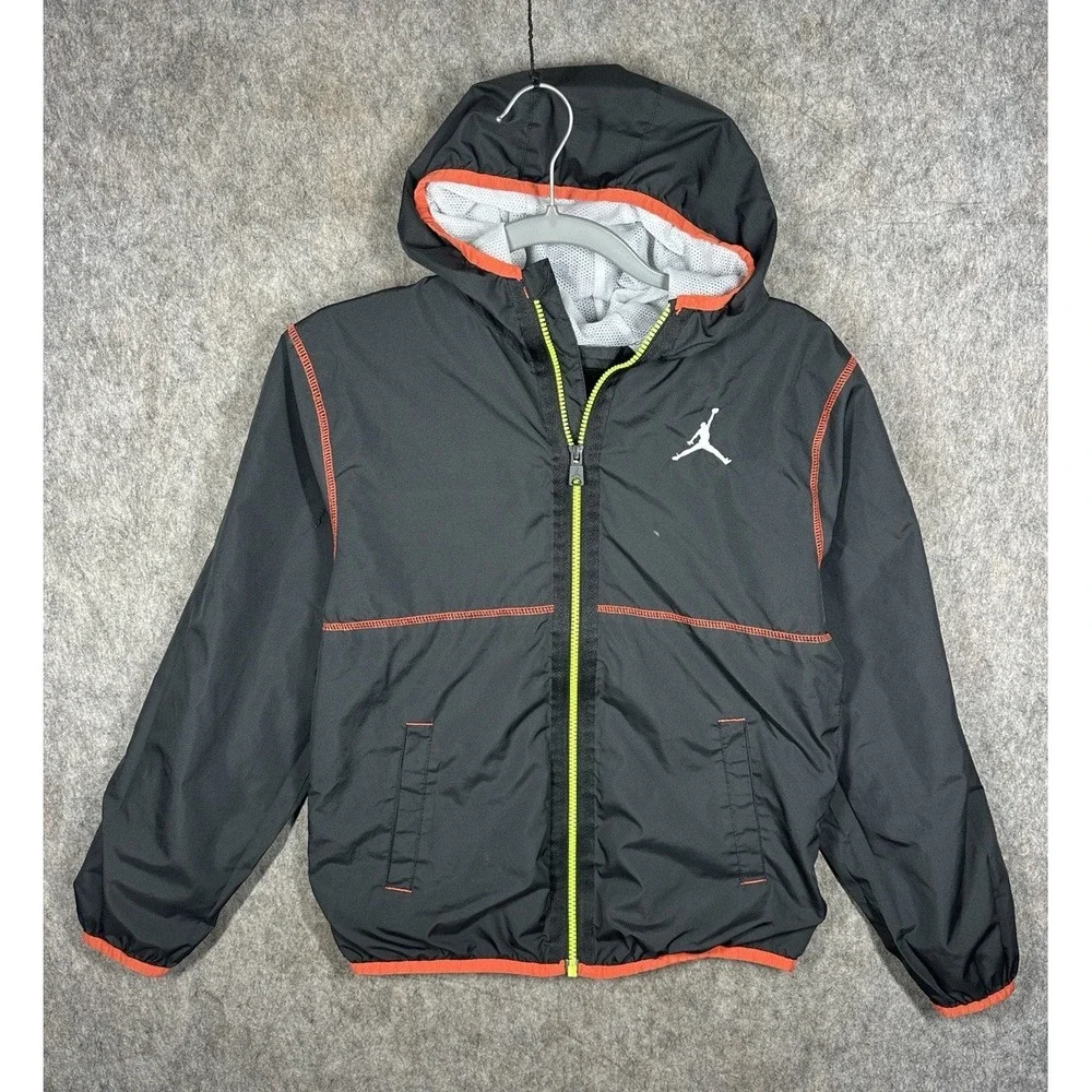 Jordan Boys Windbreaker Jacket Youth L 12-13 Black Orange Neon Full Zip